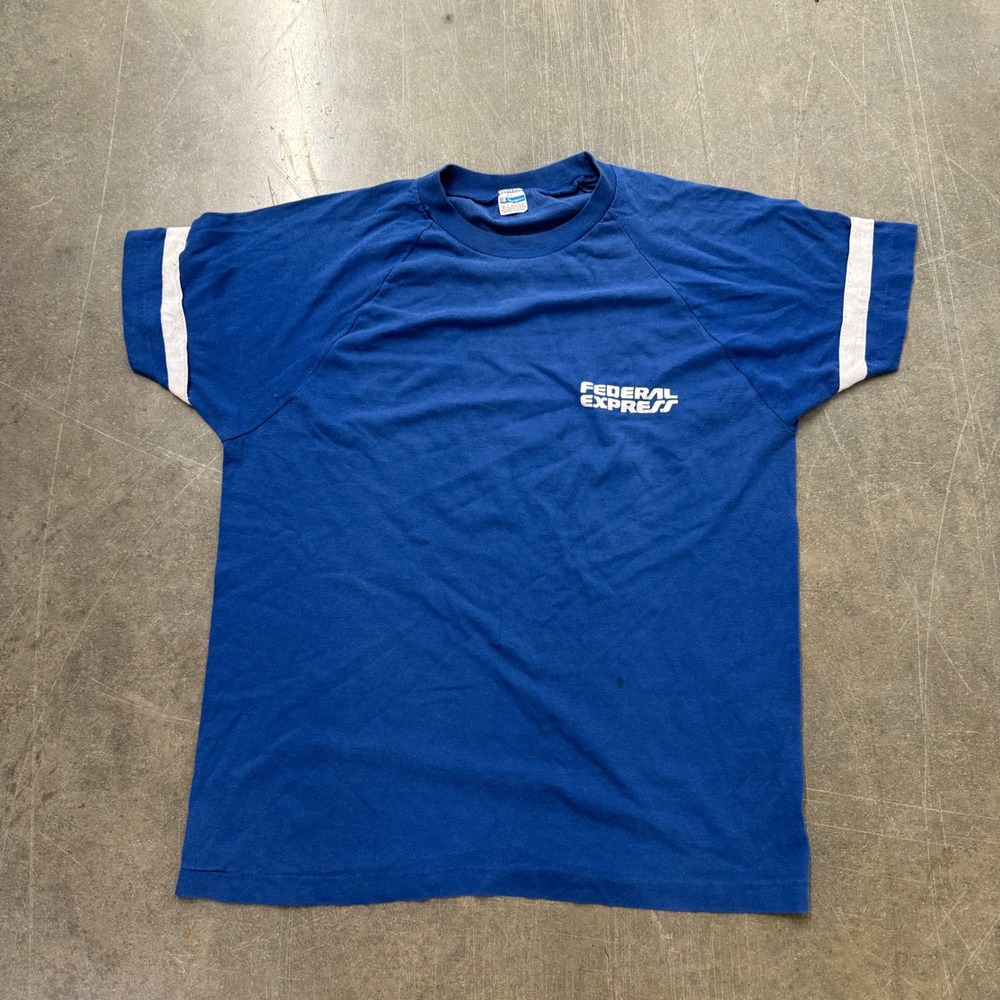 Vintage 80s Champion Blue Bar Federal Express T-Shirt XL Blue Raglan 50/50
